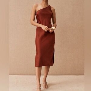 BHLDN Anthropology Women's Audrie Cinnamon Red Satin One Shoulder Midi Dress
